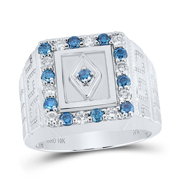 10kt White Gold Mens Round Blue Color Treated Diamond Square Ring 1-1/2 Cttw