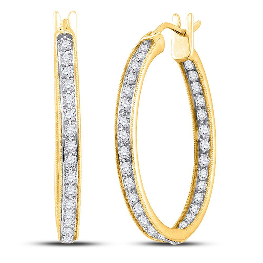 14kt Yellow Gold Womens Round Diamond Inside Outside Hoop Earrings 1/4 Cttw