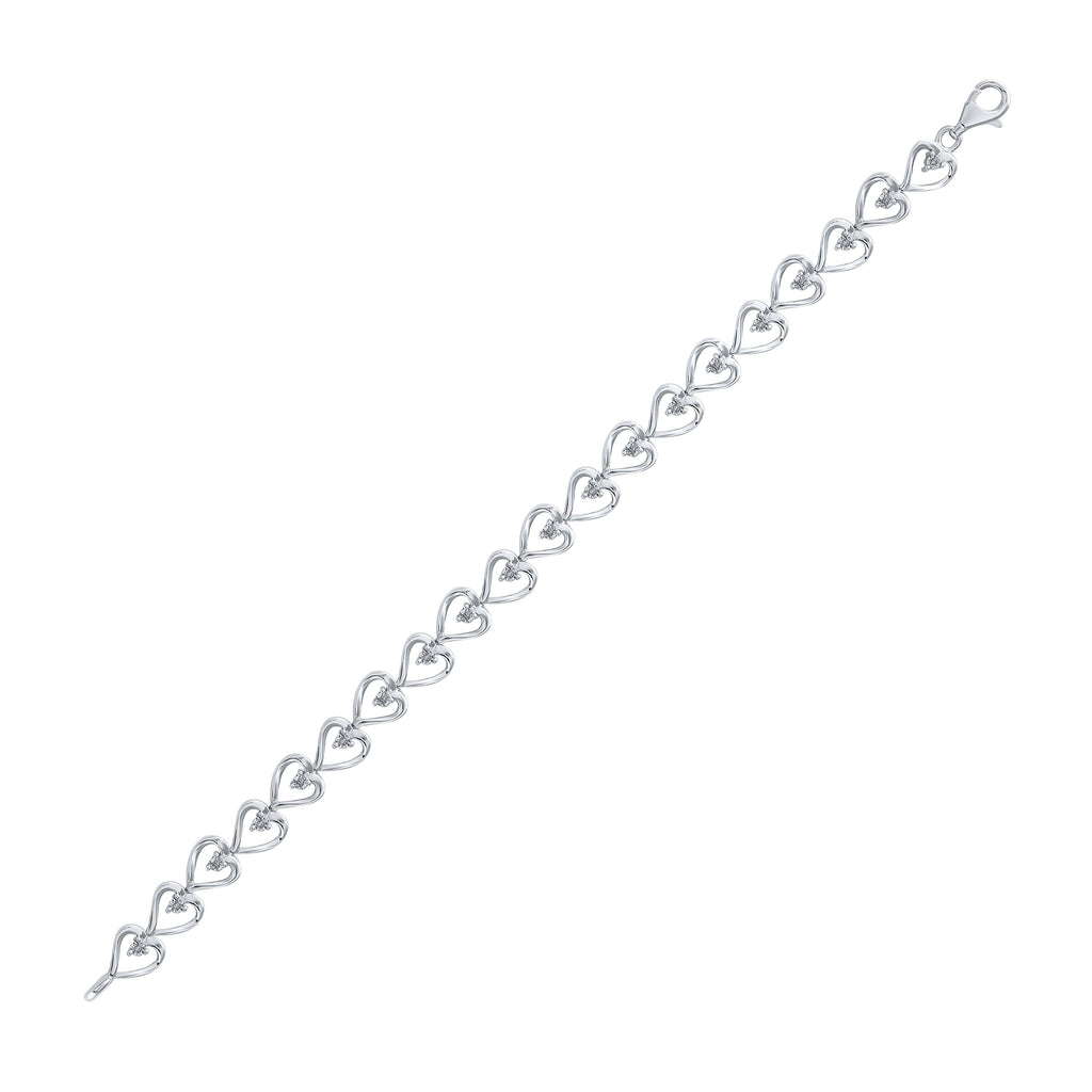 Sterling Silver Womens Round Diamond Heart Link Bracelet 1/10 Cttw