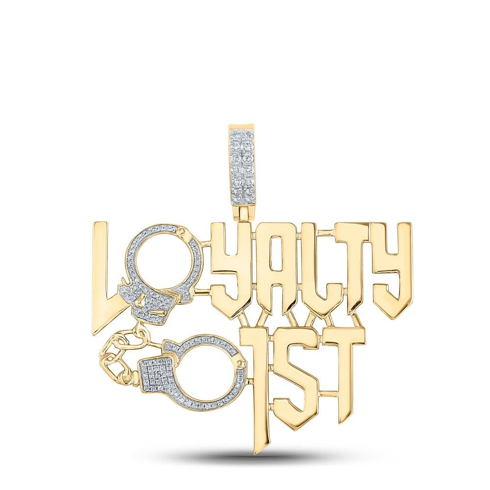10kt Yellow Gold Mens Round Diamond Loyalty First Phrase Charm Pendant 1/2 Cttw