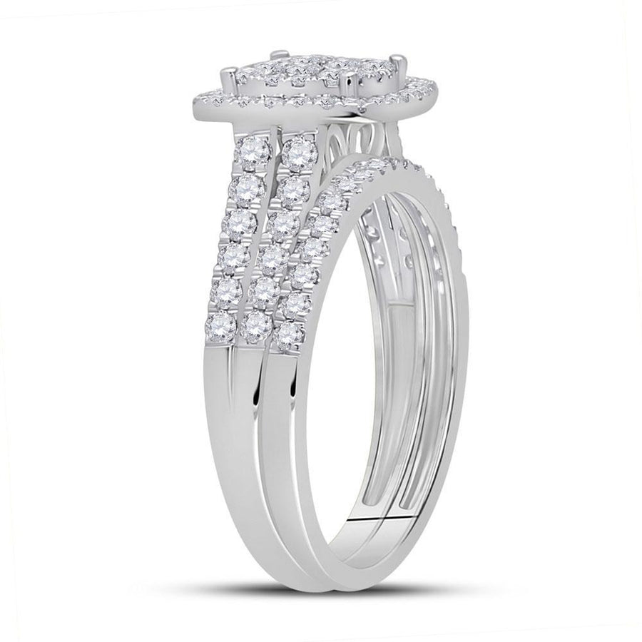 10kt White Gold Round Diamond Square Halo Bridal Wedding Ring Band Set 1 Cttw