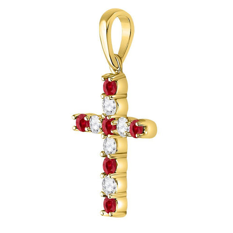 10kt Yellow Gold Womens Round Synthetic Ruby Cross Pendant 3/8 Cttw