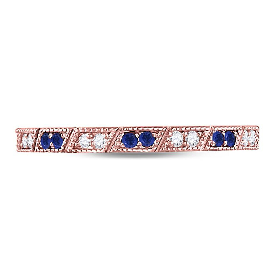 10kt Rose Gold Womens Round Blue Sapphire Diamond Milgrain Stackable Band Ring 1/4 Cttw