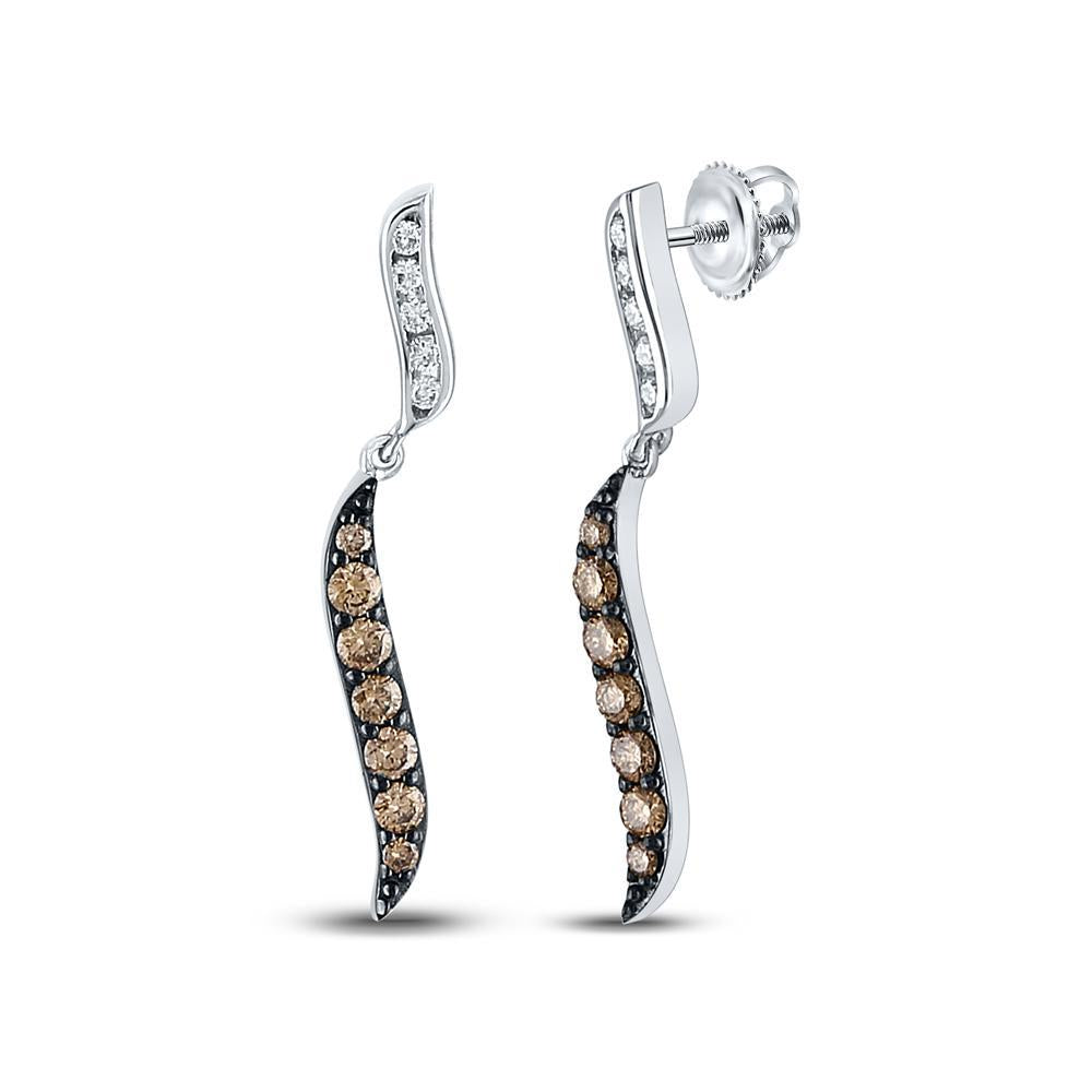 10kt White Gold Womens Round Brown Diamond Dangle Earrings 1/2 Cttw