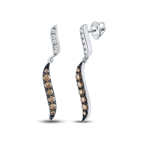 10kt White Gold Womens Round Brown Diamond Dangle Earrings 1/2 Cttw