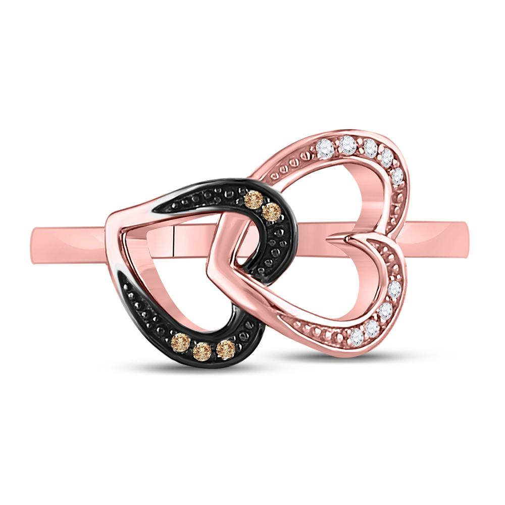 10kt Rose Gold Womens Round Brown Diamond Double Heart Ring 1/20 Cttw
