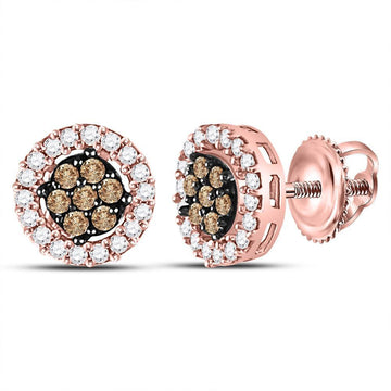 10kt Rose Gold Womens Round Brown Diamond Flower Cluster Earrings 1/4 Cttw