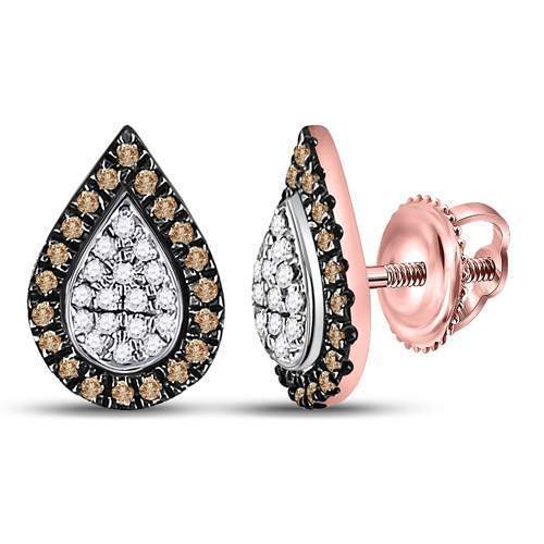 10kt Rose Gold Womens Round Brown Diamond Teardrop Cluster Earrings 1/5 Cttw