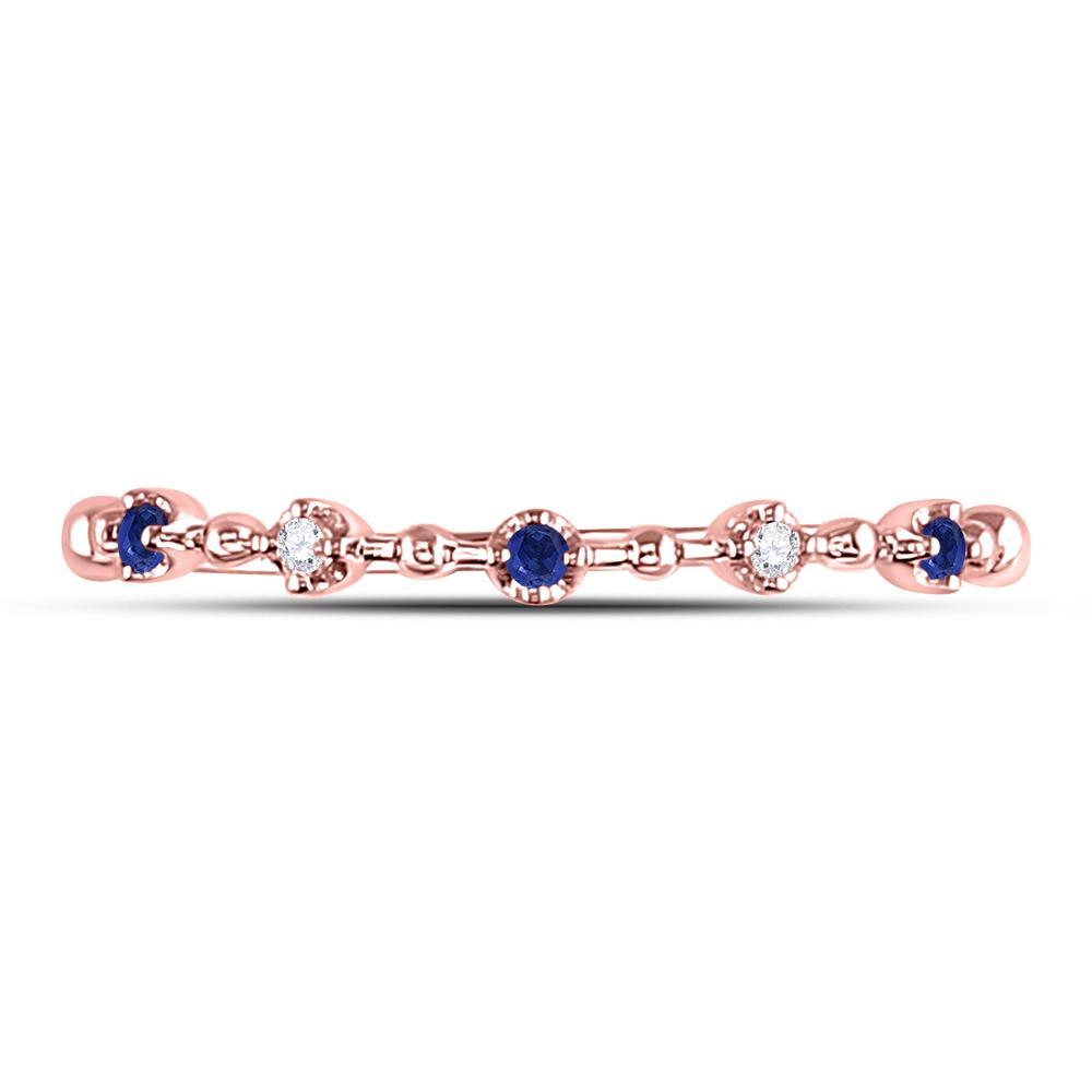 10kt Rose Gold Womens Round Blue Sapphire Diamond Beaded Stackable Band Ring 1/20 Cttw