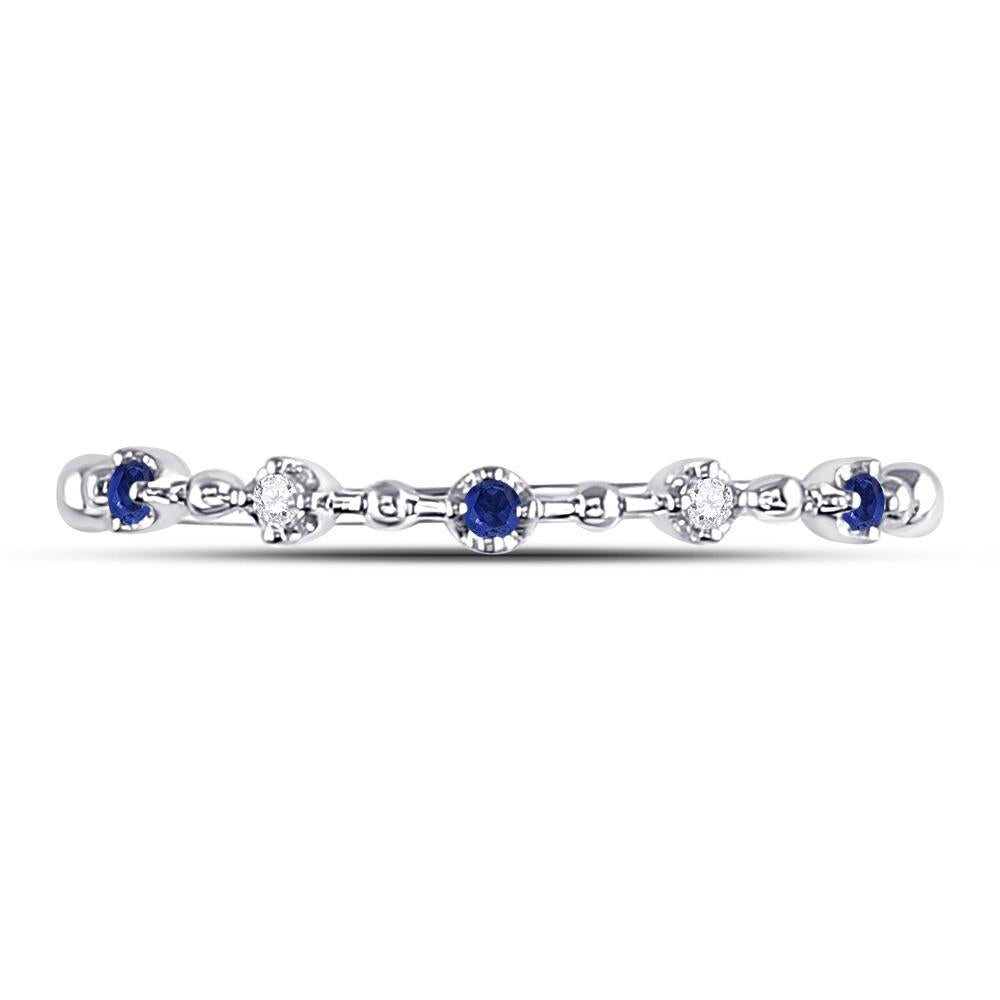 10kt White Gold Womens Round Blue Sapphire Diamond Beaded Stackable Band Ring 1/20 Cttw