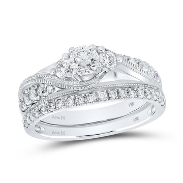 14kt White Gold Round Diamond 3-Stone Bridal Wedding Ring Band Set 7/8 Cttw