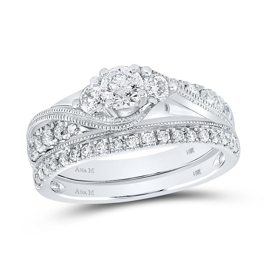 14kt White Gold Round Diamond 3-Stone Bridal Wedding Ring Band Set 7/8 Cttw