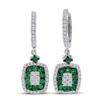 18kt White Gold Womens Round Emerald Diamond Dangle Earrings 1-1/4 Cttw