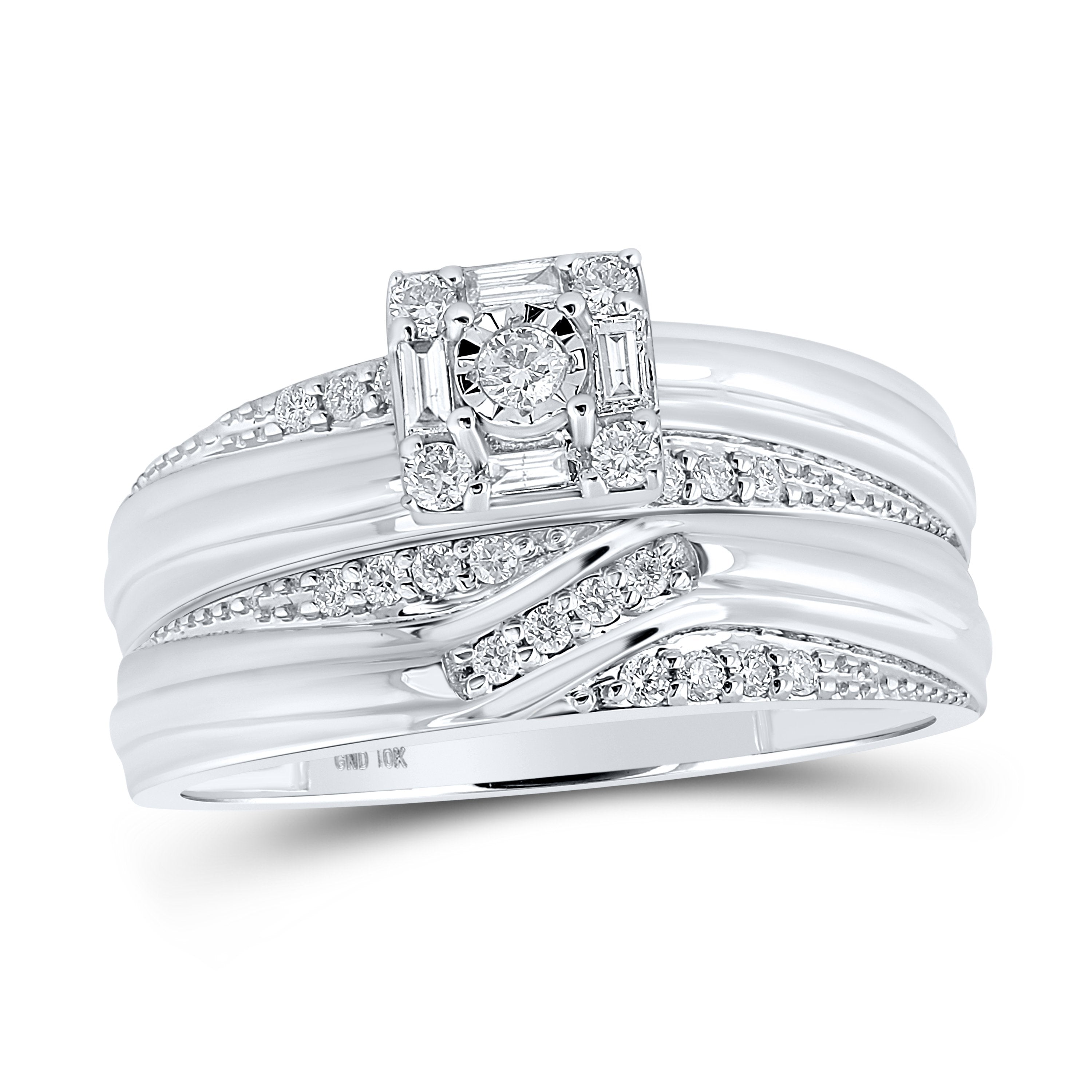10kt White Gold His Hers Round Diamond Square Matching Wedding Set 1/3 Cttw