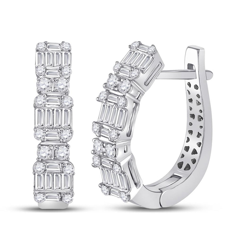 14kt White Gold Womens Baguette Diamond Fashion Hoop Earrings 1 Cttw