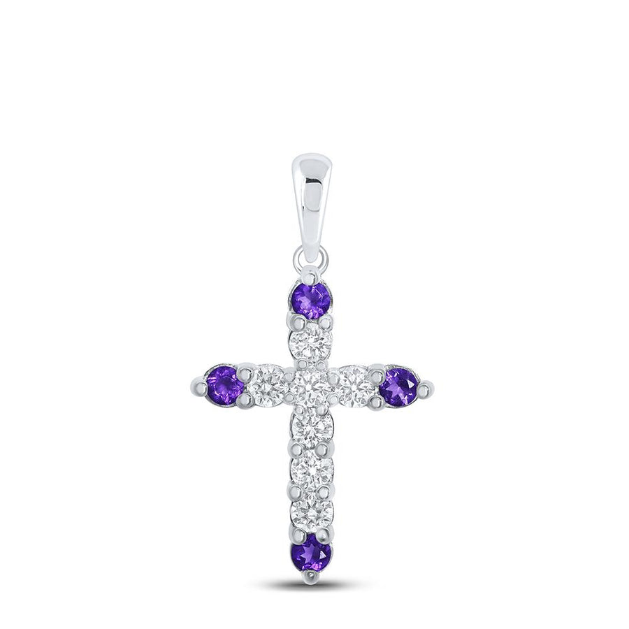 10kt White Gold Womens Round Synthetic Amethyst Diamond Cross Pendant 1 Cttw