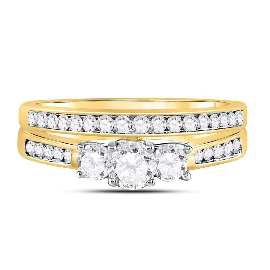 14kt Yellow Gold Round Diamond Bridal 3-Stone Wedding Engagement Ring Band Set 1 Cttw
