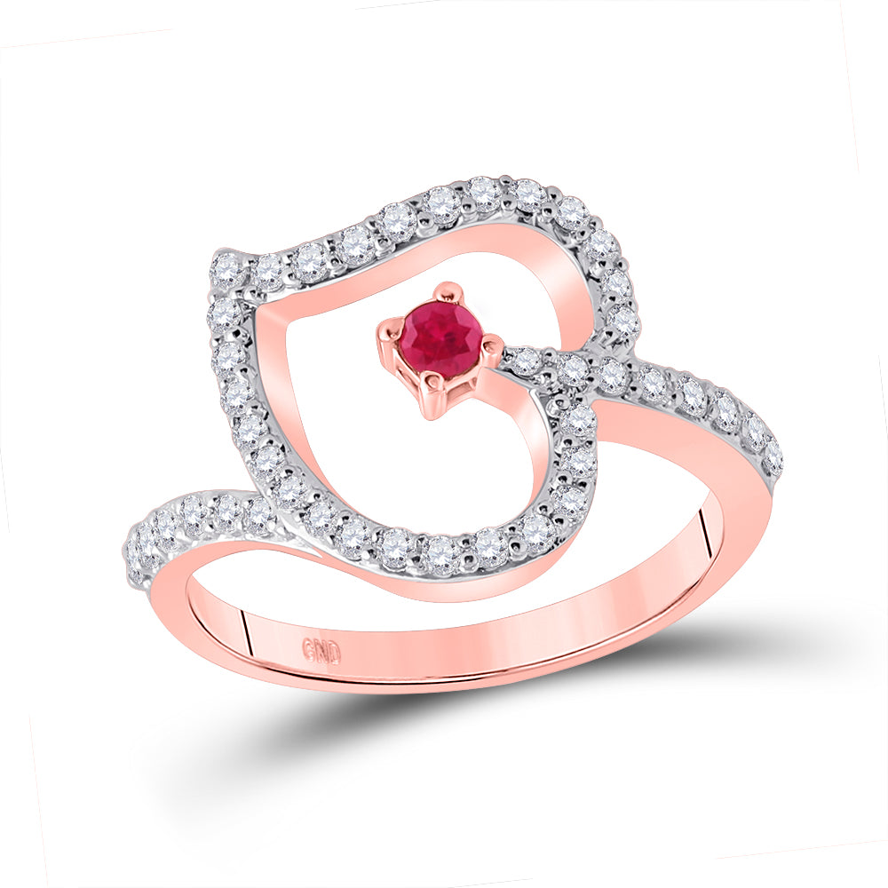 10kt Rose Gold Womens Round Ruby Diamond Heart Ring 3/8 Cttw