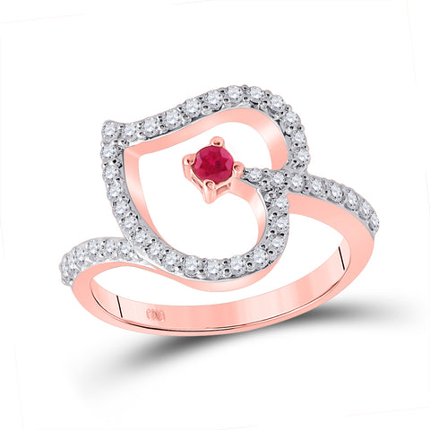 10kt Rose Gold Womens Round Ruby Diamond Heart Ring 3/8 Cttw