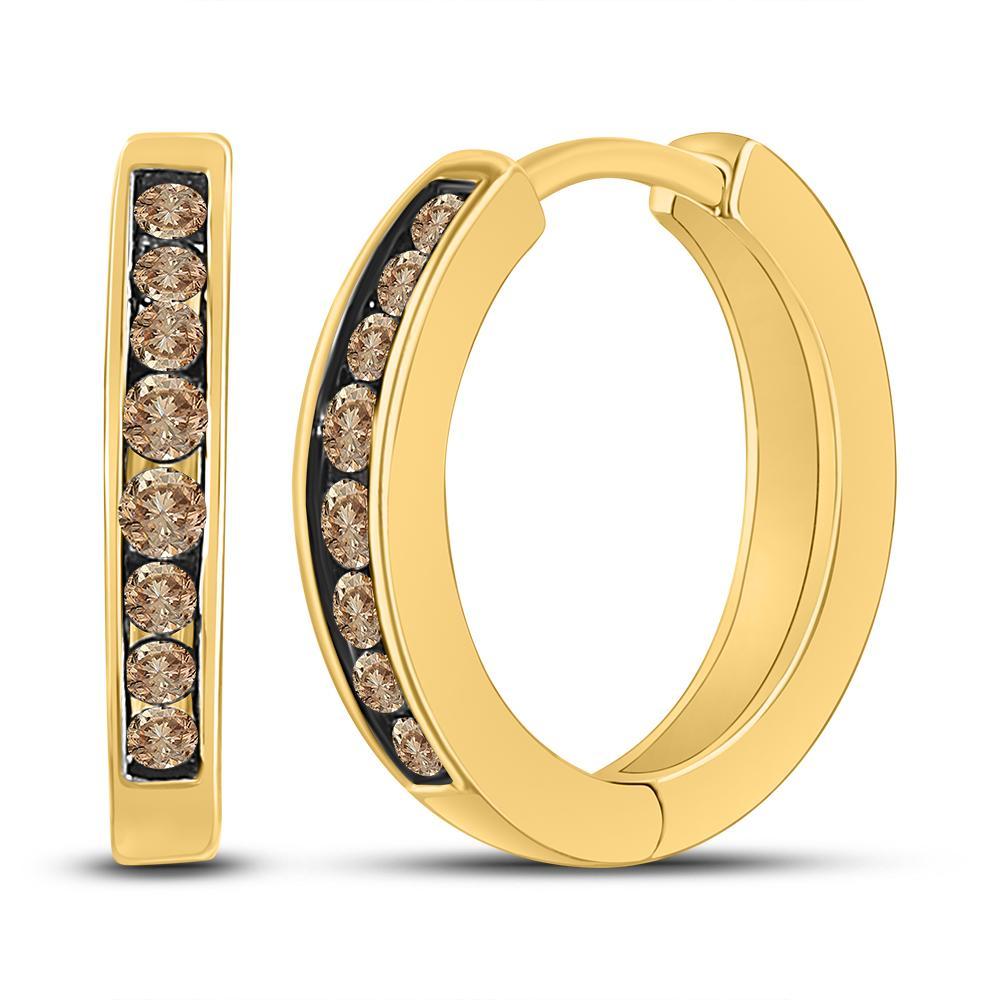 10kt Yellow Gold Womens Round Brown Diamond Hoop Earrings 1/4 Cttw