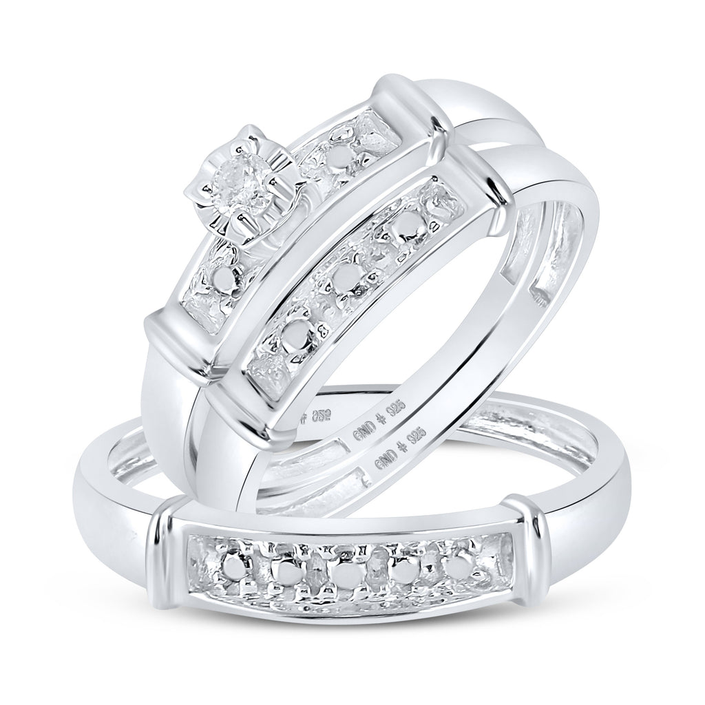 Sterling Silver His Hers Round Diamond Solitaire Matching Wedding Set 1/20 Cttw