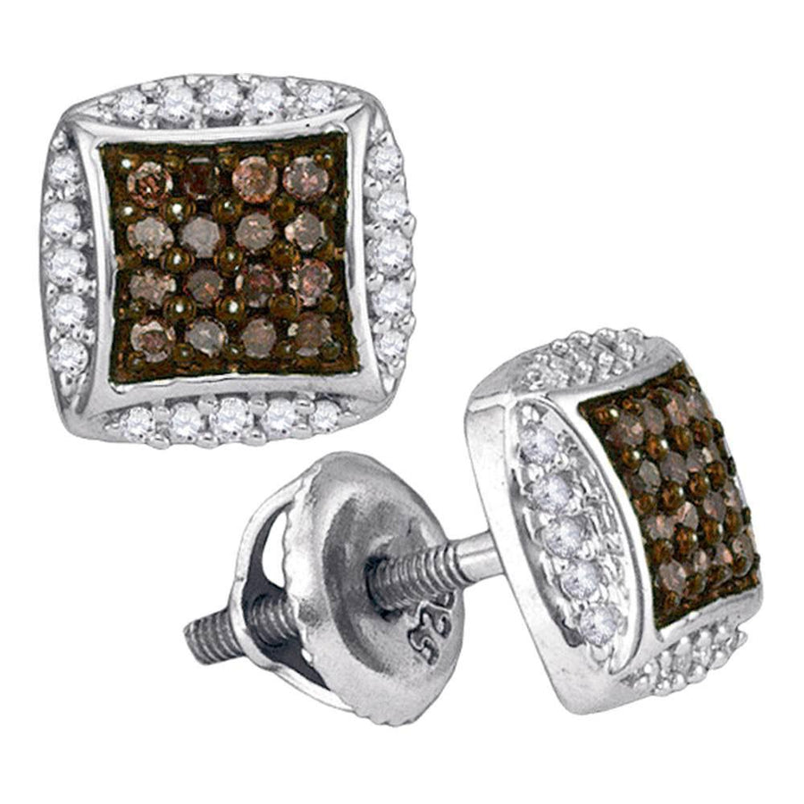 10kt White Gold Womens Round Brown Diamond Square Earrings 1/3 Cttw