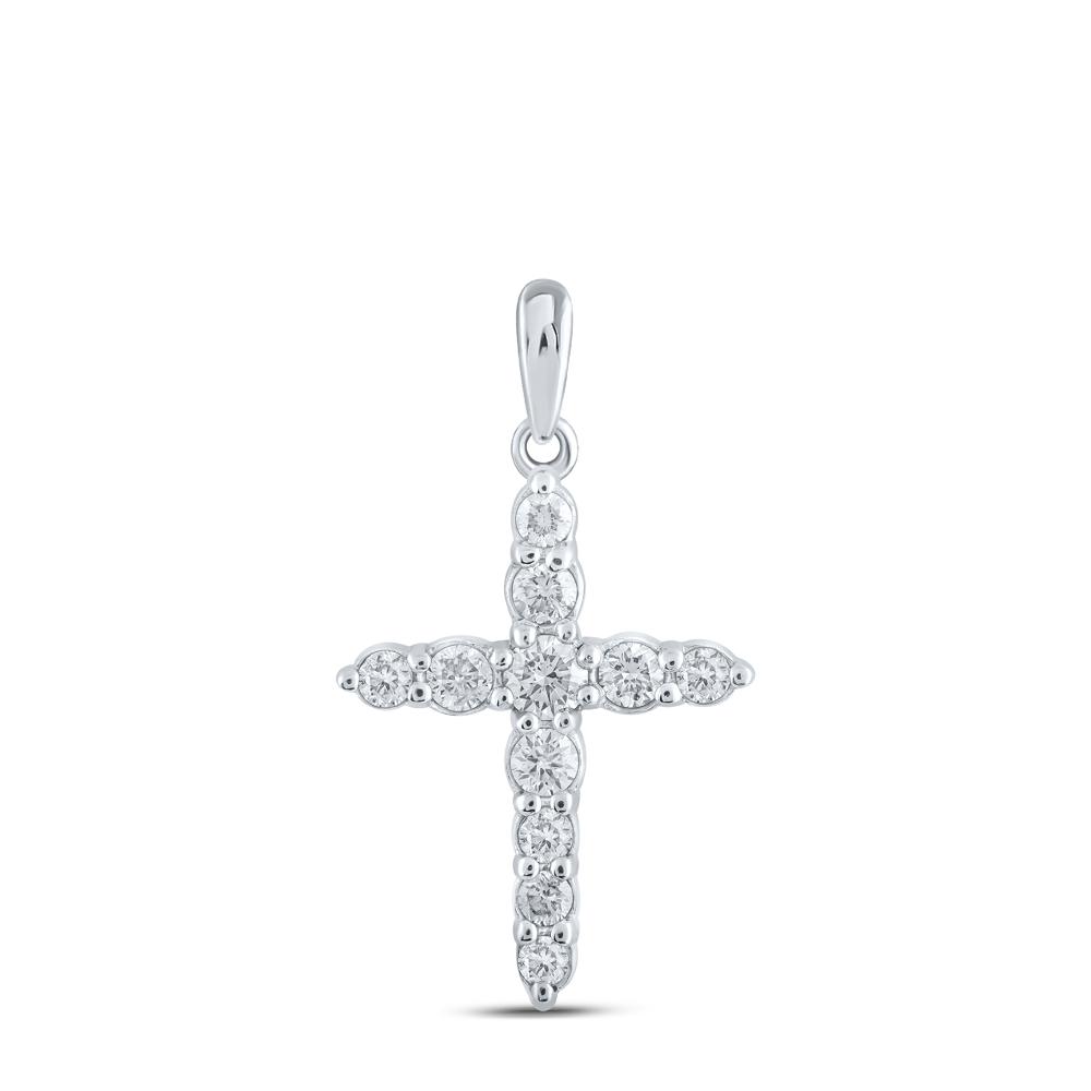 10kt White Gold Womens Round Diamond Cross Pendant 3/8 Cttw