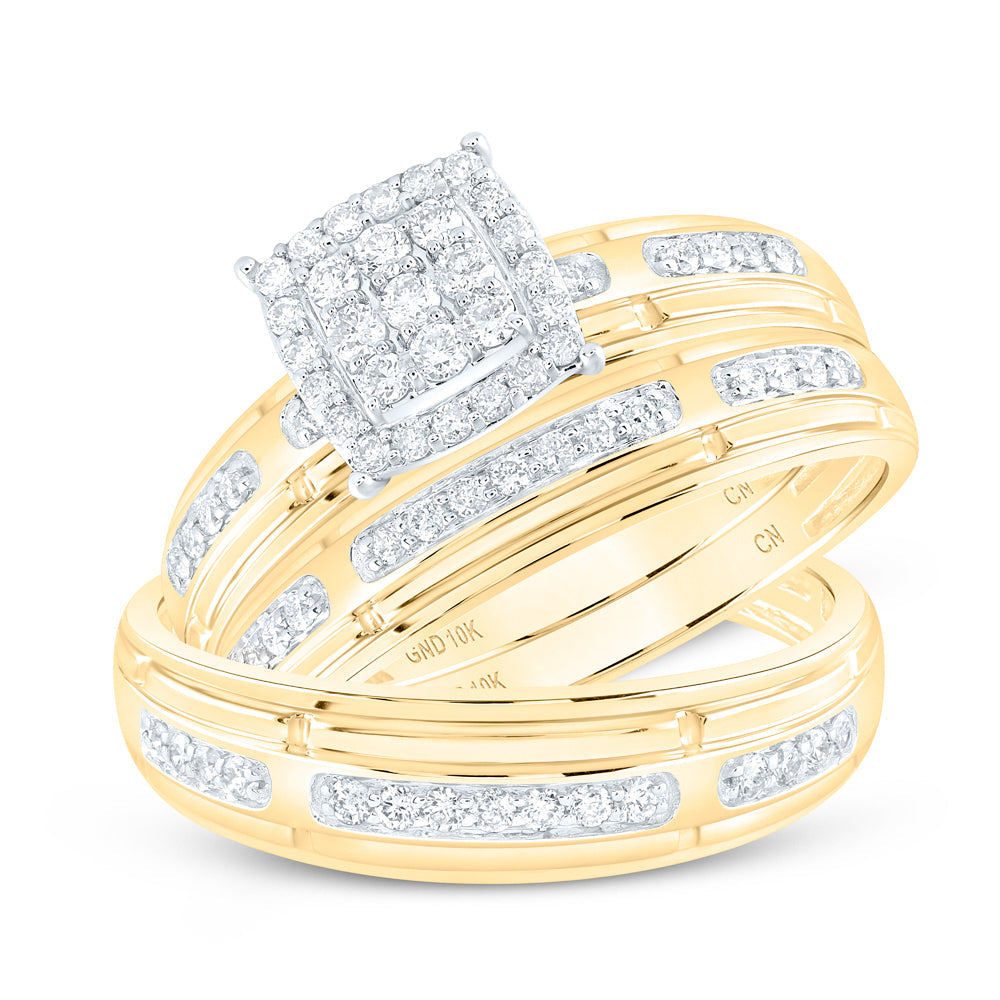 10kt Yellow Gold His Hers Round Diamond Cluster Matching Wedding Set 1/2 Cttw