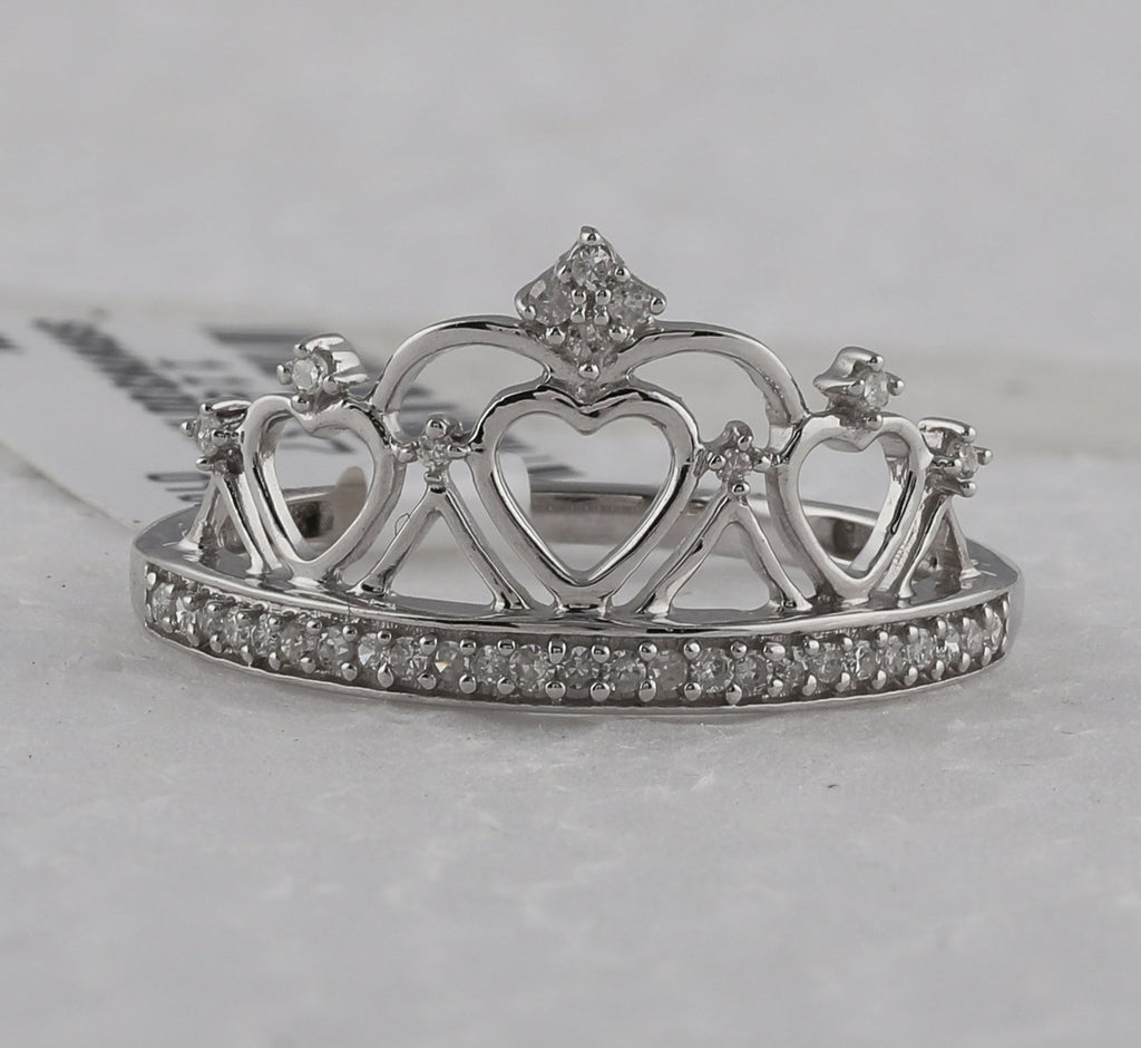 Sterling Silver Womens Round Diamond Heart Crown Tiara Fashion Ring 1/6 Cttw