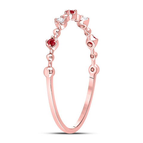 10kt Rose Gold Womens Round Ruby Diamond Beaded Stackable Band Ring 1/20 Cttw