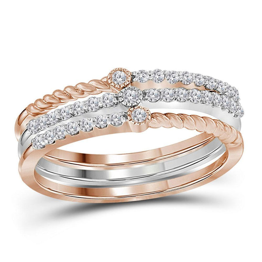 10kt Two-tone White Rose Gold Womens Round Diamond Stackable Band Set 1/4 Cttw
