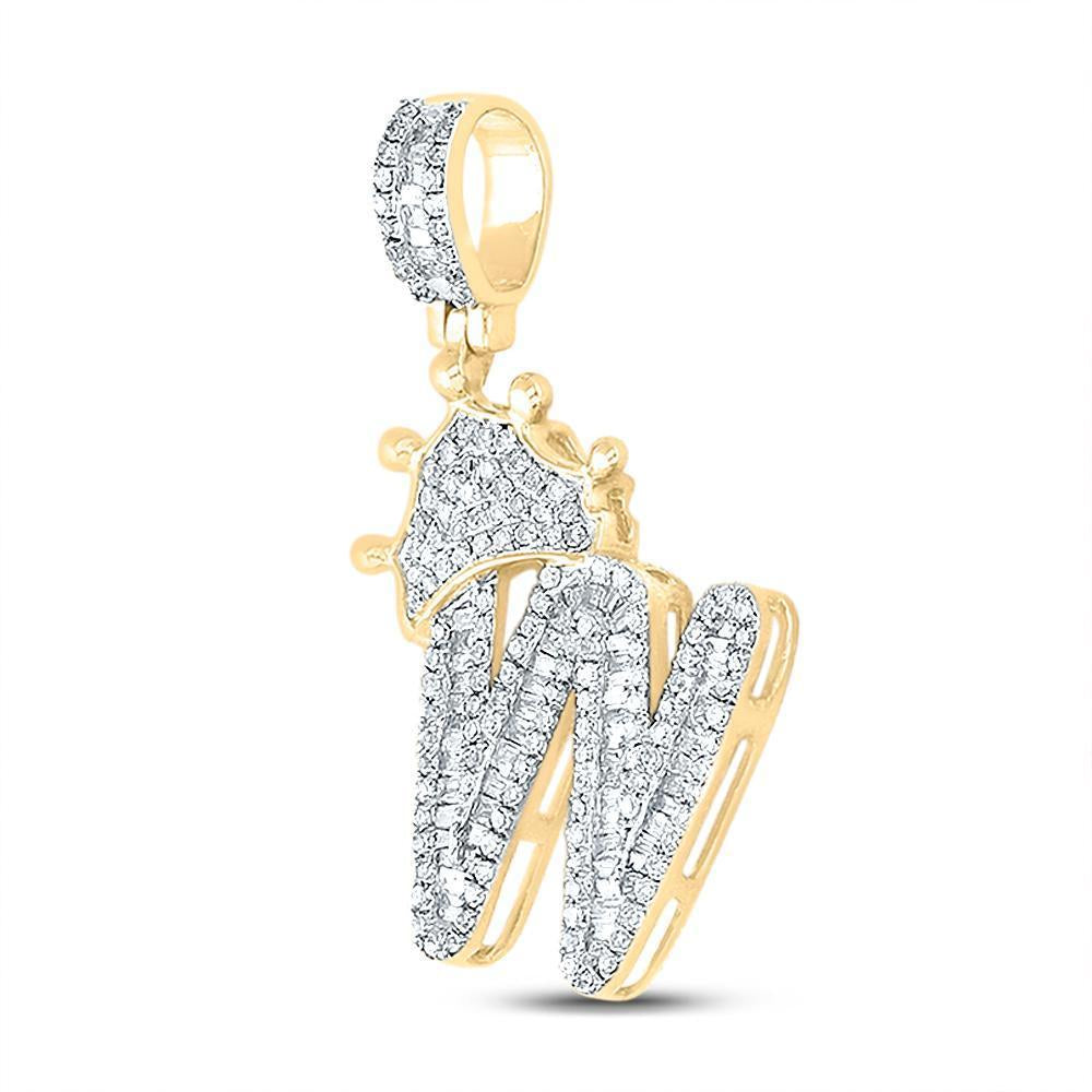 10kt Yellow Gold Mens Baguette Diamond Crown W Letter Charm Pendant 7/8 Cttw