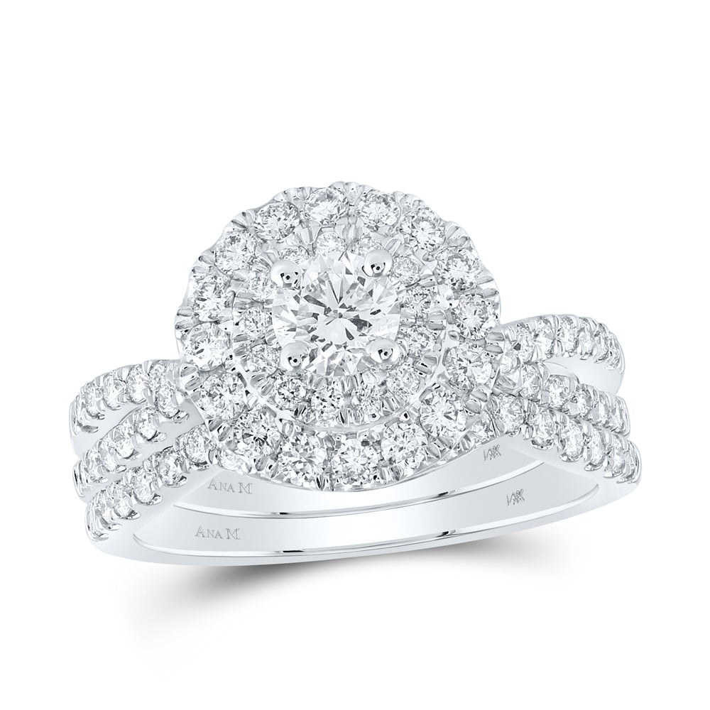 14kt White Gold Round Diamond Halo Bridal Wedding Ring Band Set 1-1/2 Cttw