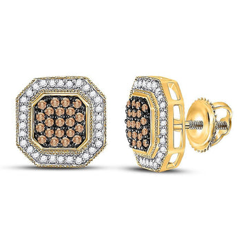 10kt Yellow Gold Womens Round Brown Diamond Octagon Cluster Earrings 1/2 Cttw