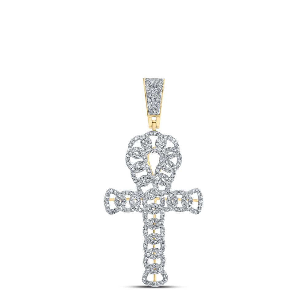 10kt Yellow Gold Mens Round Diamond Curb Ankh Cross Charm Pendant 3/4 Cttw