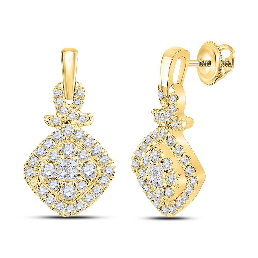 14kt Yellow Gold Womens Princess Diamond Cushion Cluster Dangle Earrings 1/2 Cttw