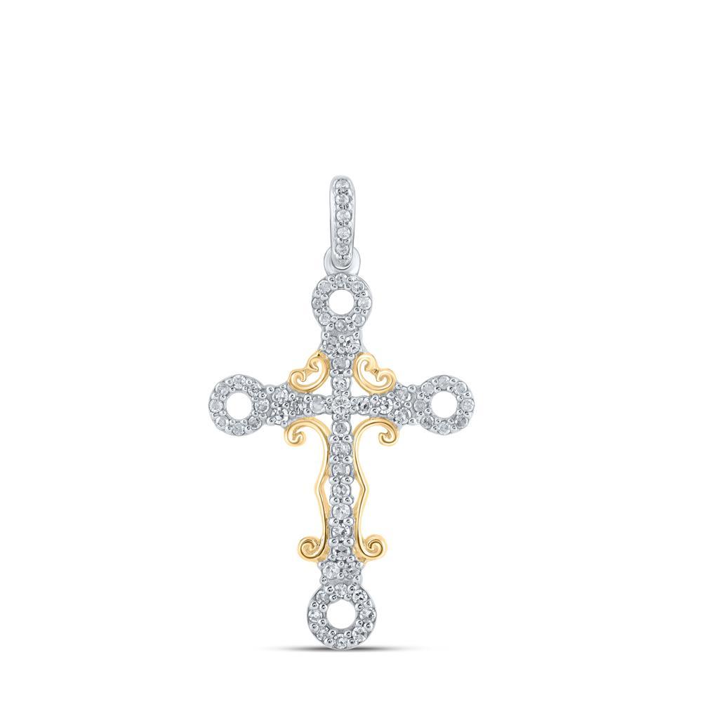 10kt Two-tone Gold Womens Round Diamond Cross Pendant 1/4 Cttw
