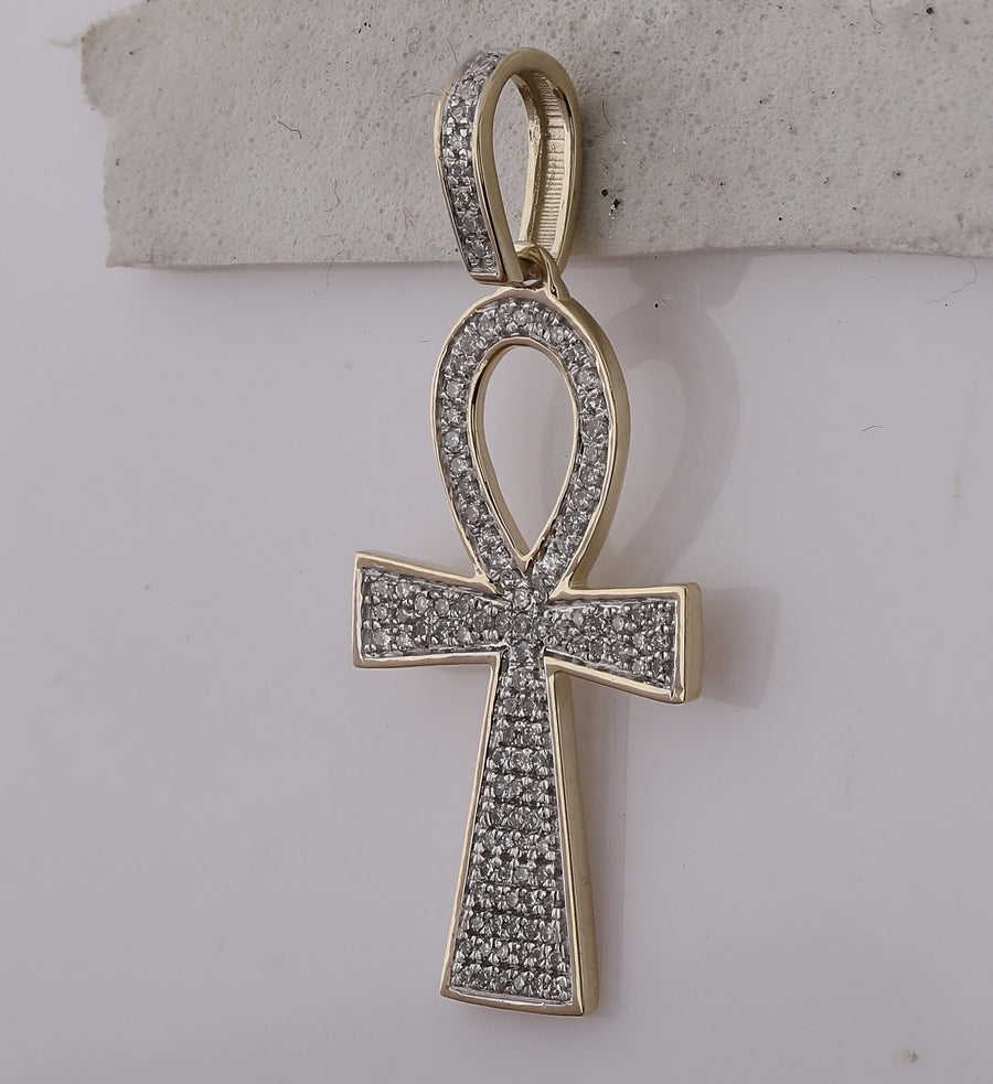 10kt Yellow Gold Mens Round Diamond Ankh Cross Charm Pendant 1/3 Cttw