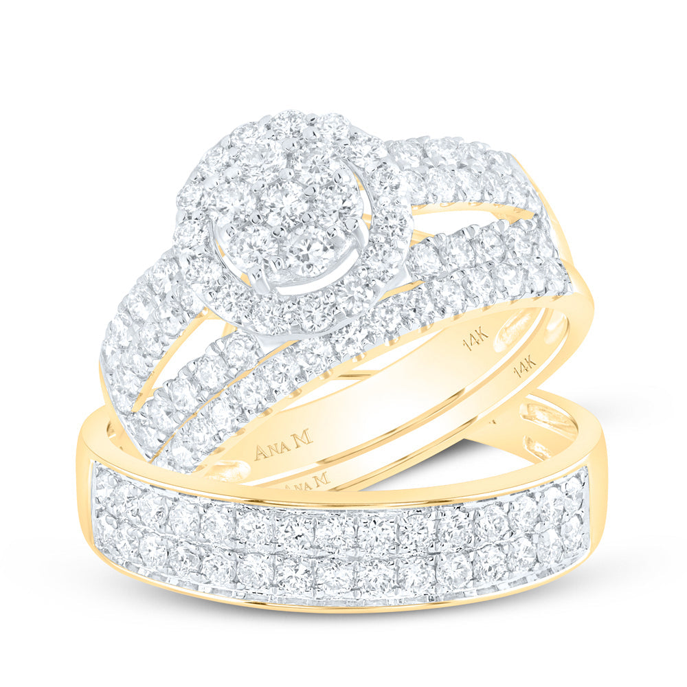 14kt Yellow Gold His Hers Round Diamond Cluster Matching Wedding Set 1-3/4 Cttw