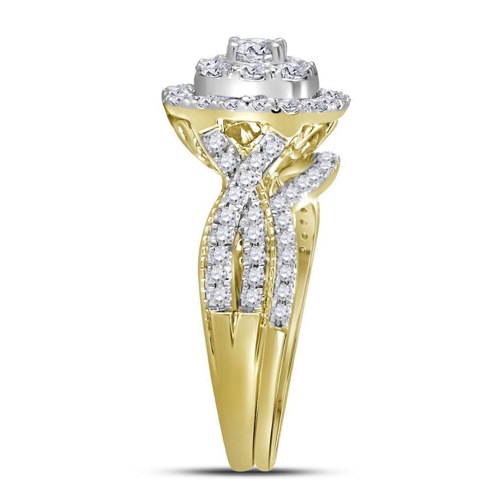 14kt Yellow Gold Round Diamond Halo Bridal Wedding Ring Band Set 1 Cttw