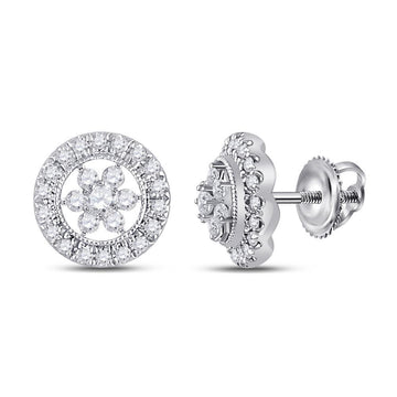 14kt White Gold Womens Round Diamond Circle Floral Cluster Earrings 3/8 Cttw