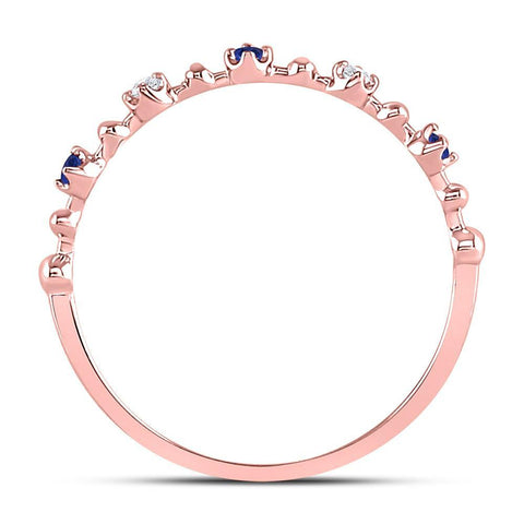 10kt Rose Gold Womens Round Blue Sapphire Diamond Beaded Stackable Band Ring 1/20 Cttw