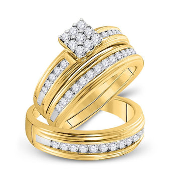 14kt Yellow Gold His Hers Princess Diamond Cluster Matching Wedding Set 1 Cttw