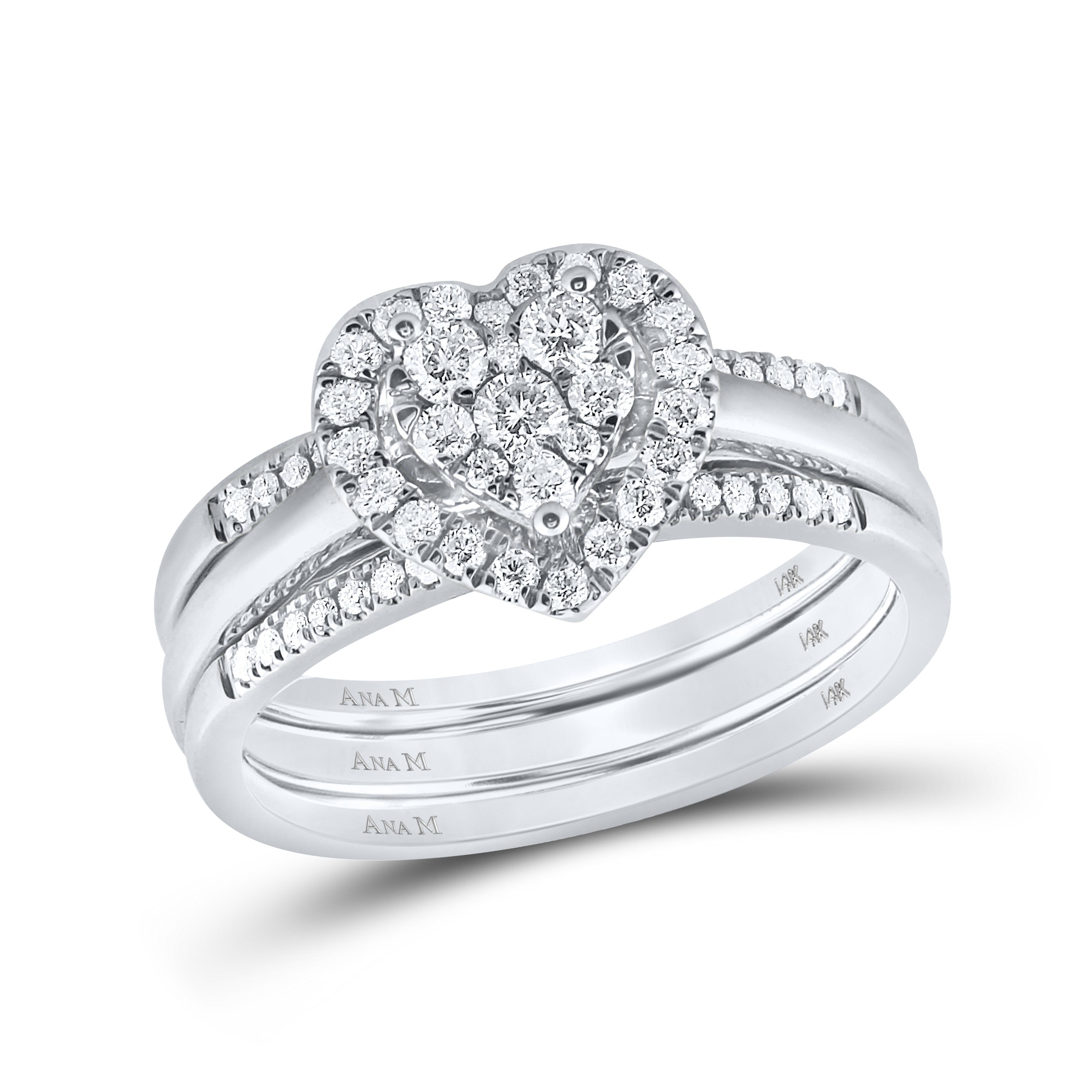 10kt White Gold Round Diamond Heart Bridal Wedding Ring Band Set 1/2 Cttw