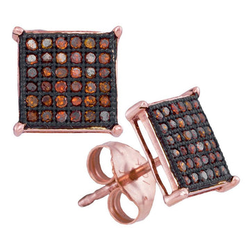 10kt Rose Gold Womens Round Red Color Enhanced Diamond Square Cluster Earrings 1/4 Cttw