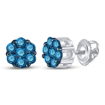 10kt White Gold Womens Round Blue Color Enhanced Diamond Cluster Earrings 1/2 Cttw