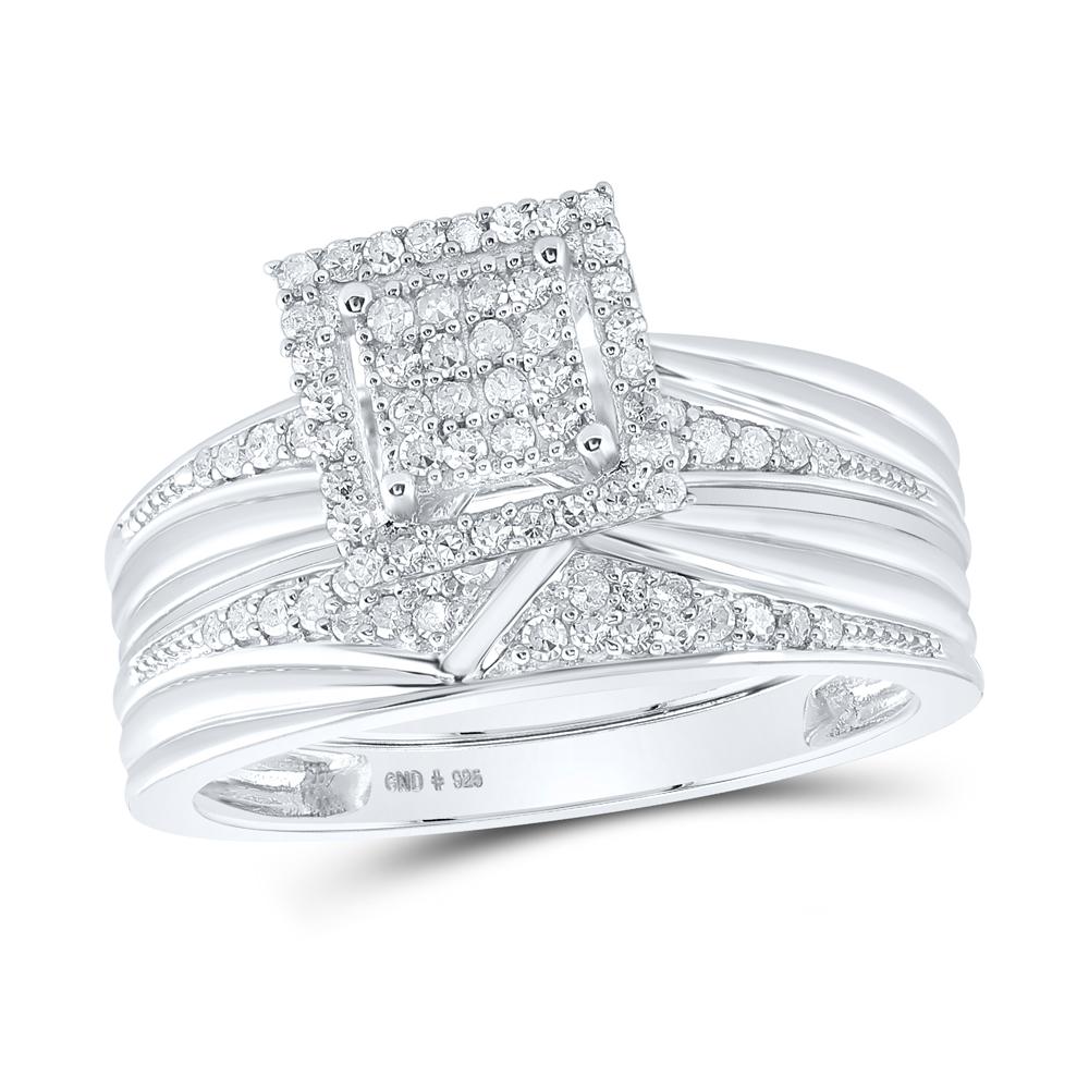 Sterling Silver His Hers Round Diamond Square Matching Wedding Set 1/2 Cttw