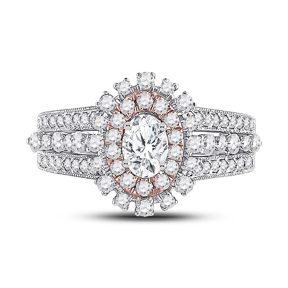 14kt Two-tone Gold Oval Diamond Halo Bridal Wedding Engagement Ring 1-1/2 Cttw