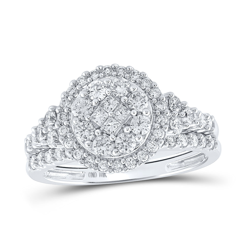 10kt White Gold Princess Diamond Cluster Bridal Wedding Ring Band Set 1 Cttw