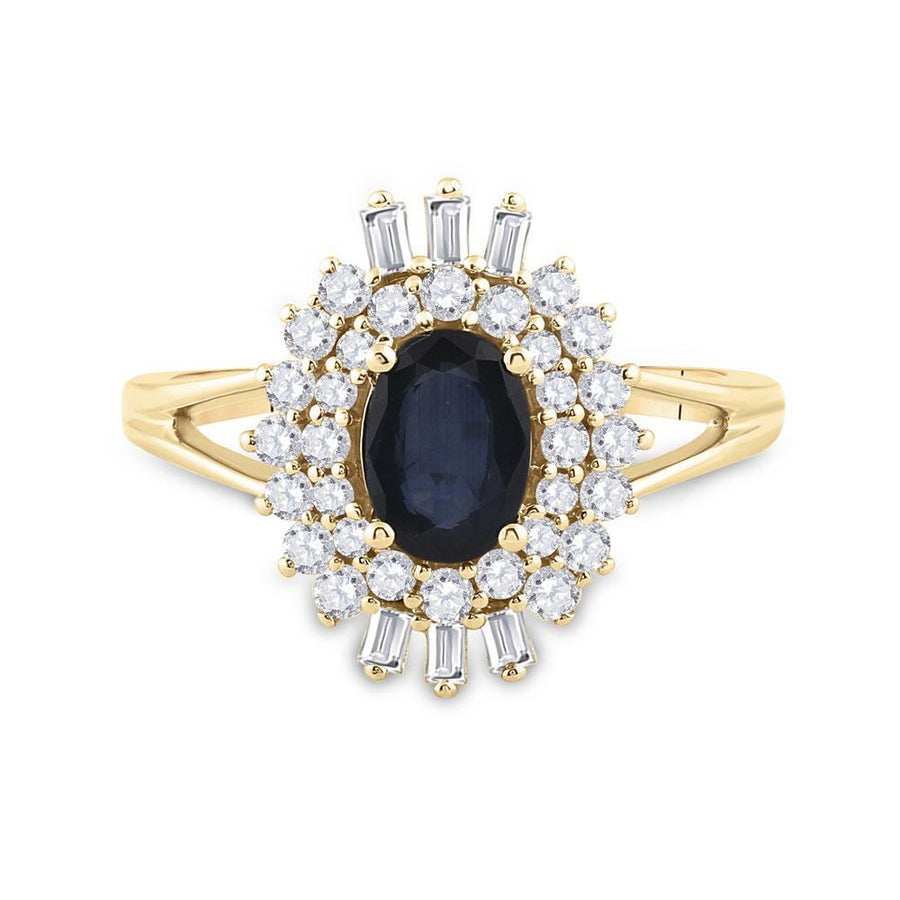 14kt Yellow Gold Womens Oval Blue Sapphire Diamond Solitaire Ring 1-1/3 Cttw